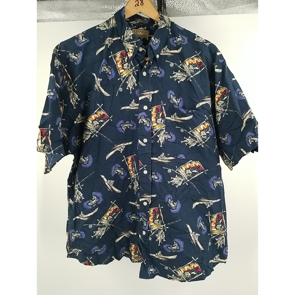 Natural Issue Mens XL Button Up Shirt Navy Blue Short Sleeve Fishing Boat Fish